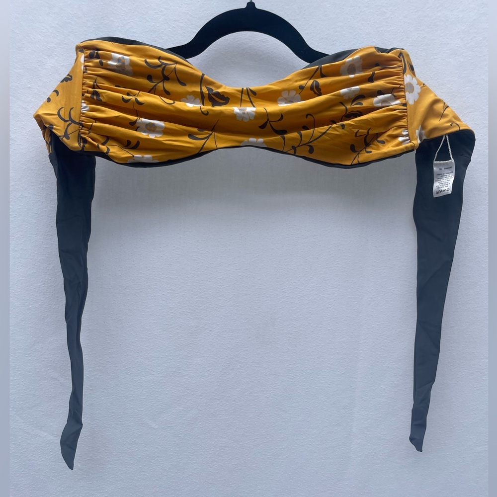 Reversible gray/floral yellow bandeau bikini top